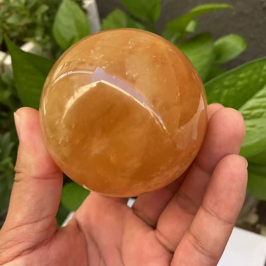 Natural Citrine Calcite Quartz Crystal Sphere โ Healing Gemstone with Wooden Stand