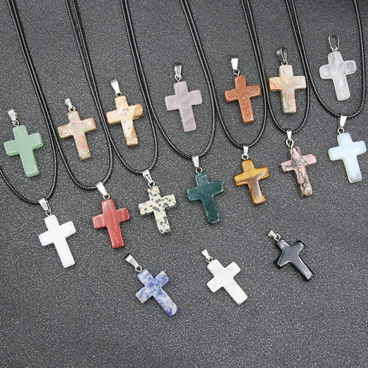 Natural Stone Cross Pendant Necklace – Healing Crystal Charm on Sweater Chain for Women